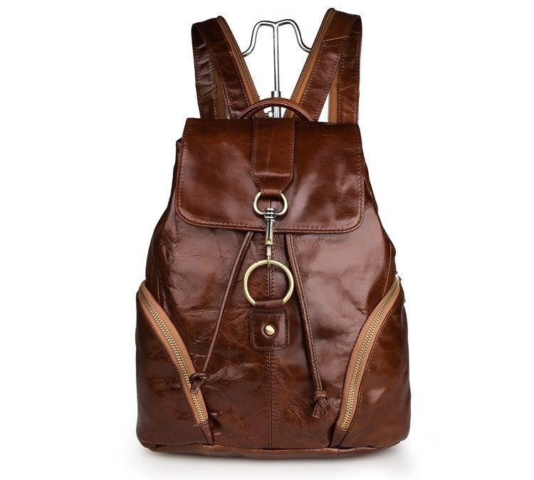 7286B 100 Genuine Brown Leather Hiking Backpack Flapover with Buckle